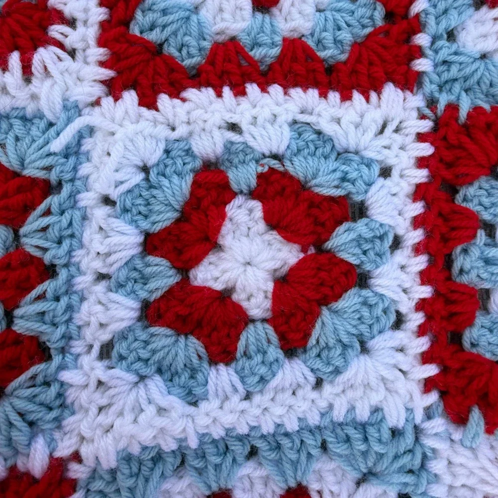 Handmade Crochet Granny Square Blanket Red White Blue Throw 39x33 Cottagecore